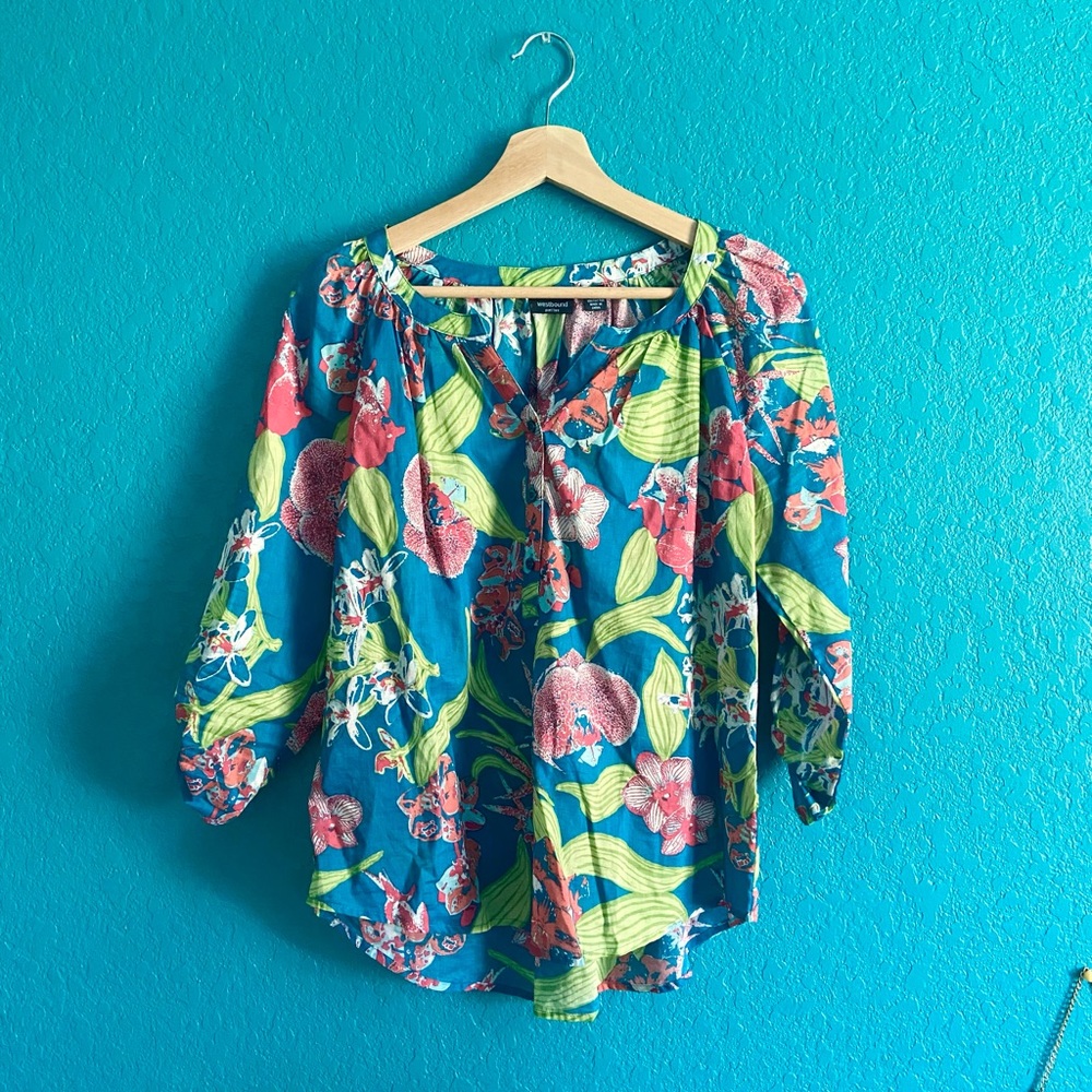 Floral Jungle Teal Vintage Style Long Sleeve Shirt